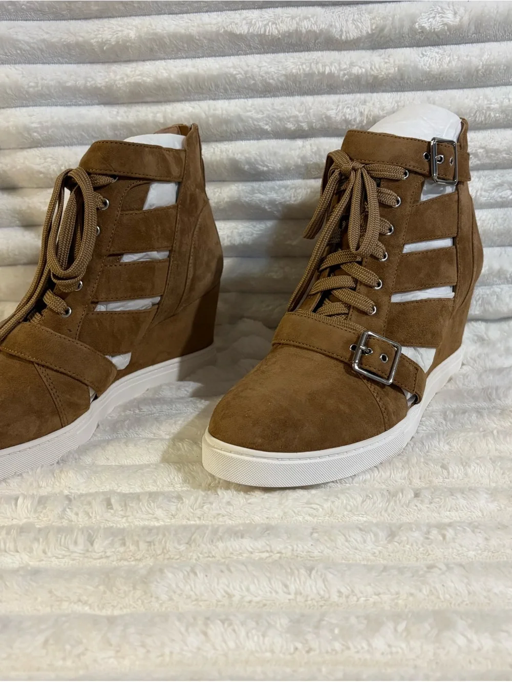 Linea Paolo Tan Kid Suede High-Top Lace-Up Sneakers with Buckles 11M